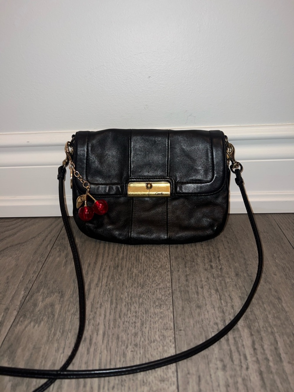 🍒 Coach Black Leather Crossbody with Red Cherry Charm